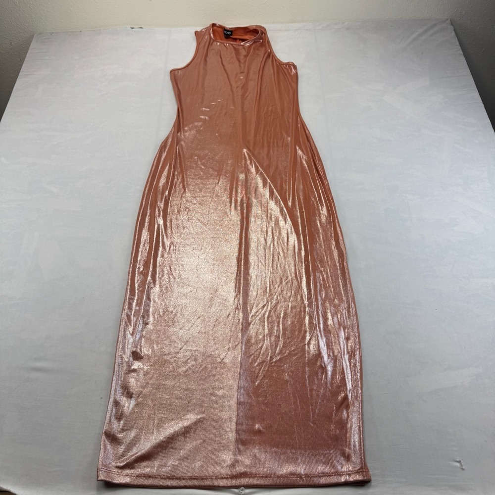 Bebe Maxi Dress Womens Small Orange Metallic Copper Mock Neck Party & Cocktail